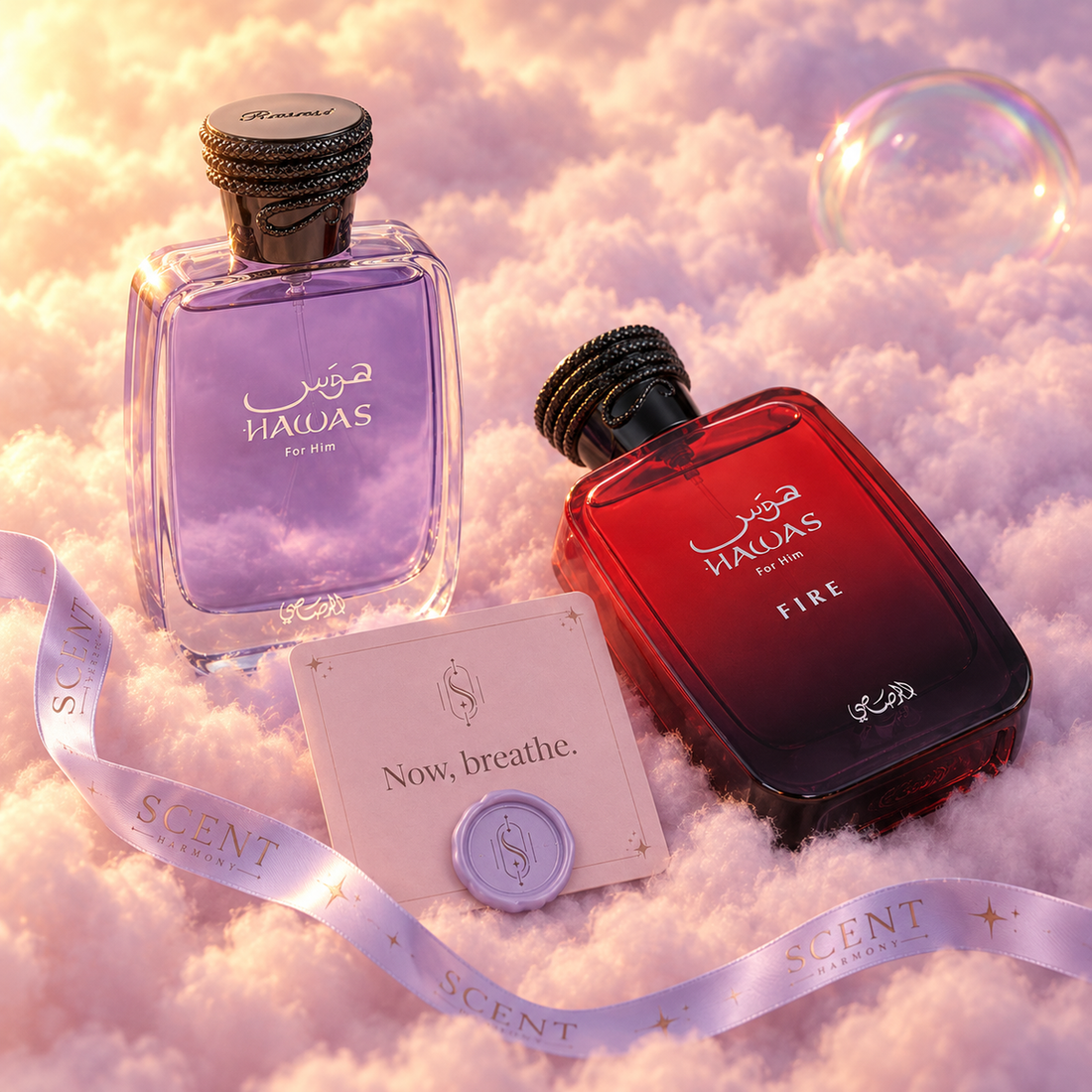 Close-up of the Tide & Fire kit with the Now, breathe card and the Scent Harmony ribbon