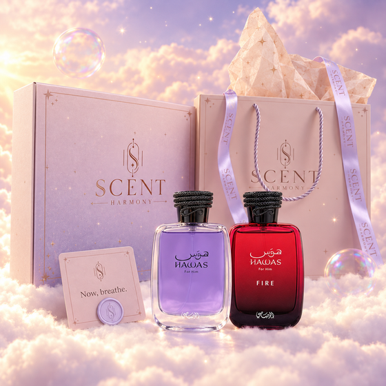 Kit de regalo Tide & Fire para él delante de la caja y la bolsa de regalo de Scent Harmony