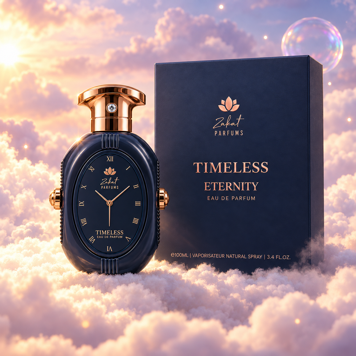The bottle of Timeless Eternity by Zakat next to its original box, on clouds.