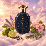 The bottle of Timeless Eternity by Zakat surrounded by bergamot, lavender, geranium and sage, on clouds.