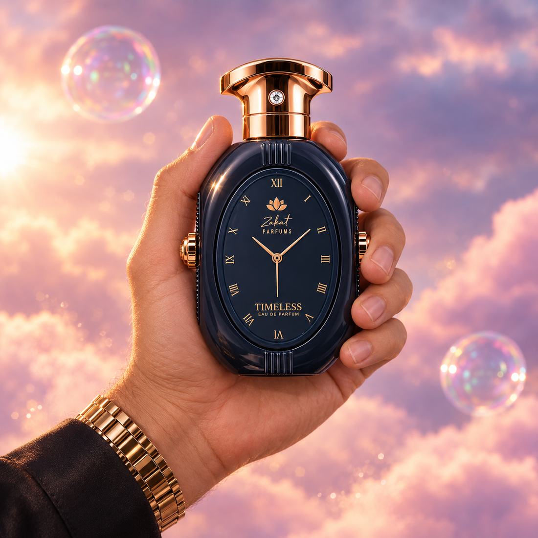 A hand holds the bottle of Timeless Eternity by Zakat among pink clouds.