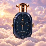 Bottle of Timeless Eternity by Zakat on a bank of clouds, in a pink and lavender sky with iridescent bubbles and golden light.