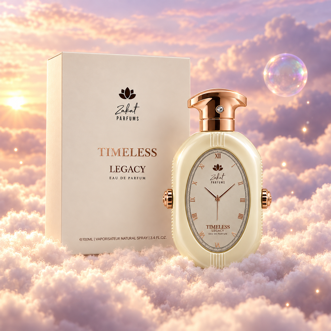 The bottle of Timeless Legacy by Zakat next to its original box, on clouds.