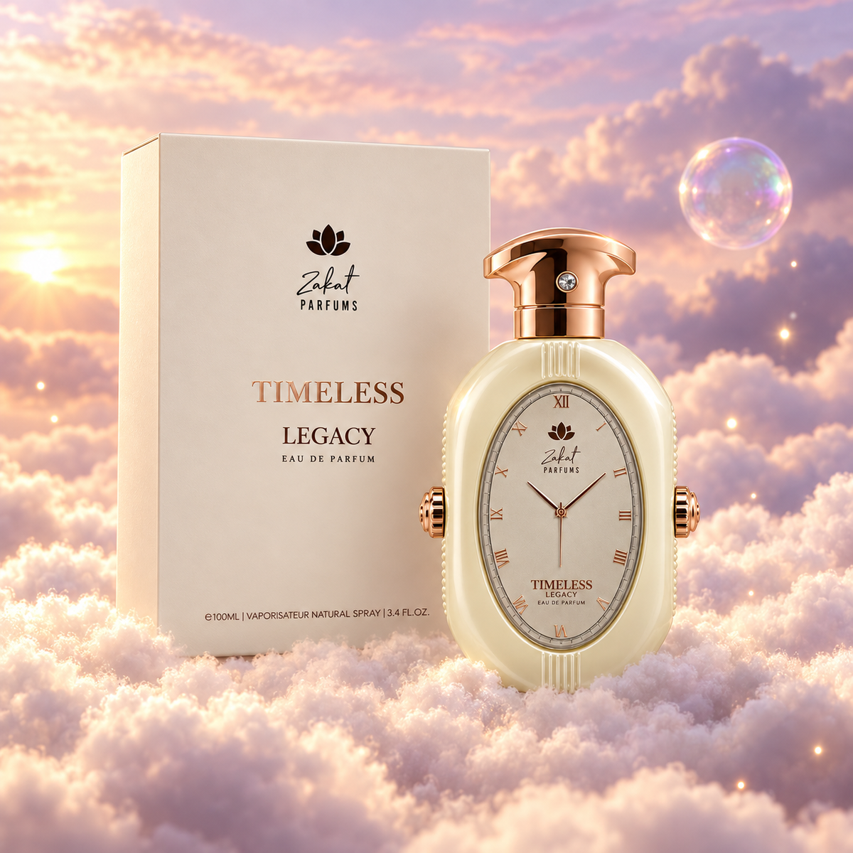 The bottle of Timeless Legacy by Zakat next to its original box, on clouds.