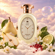 The bottle of Timeless Legacy by Zakat surrounded by pear, bergamot, orange blossom and jasmine, on clouds.