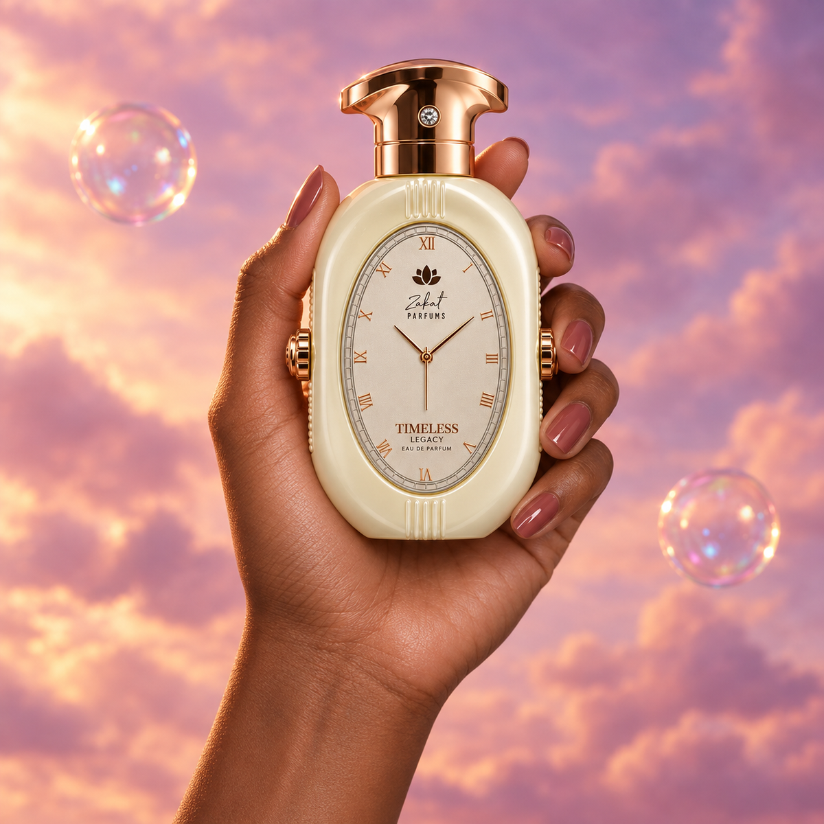 A hand holds the bottle of Timeless Legacy by Zakat among pink clouds.