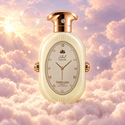 Bottle of Timeless Legacy by Zakat on a bank of clouds, in a pink and lavender sky with iridescent bubbles and golden light.