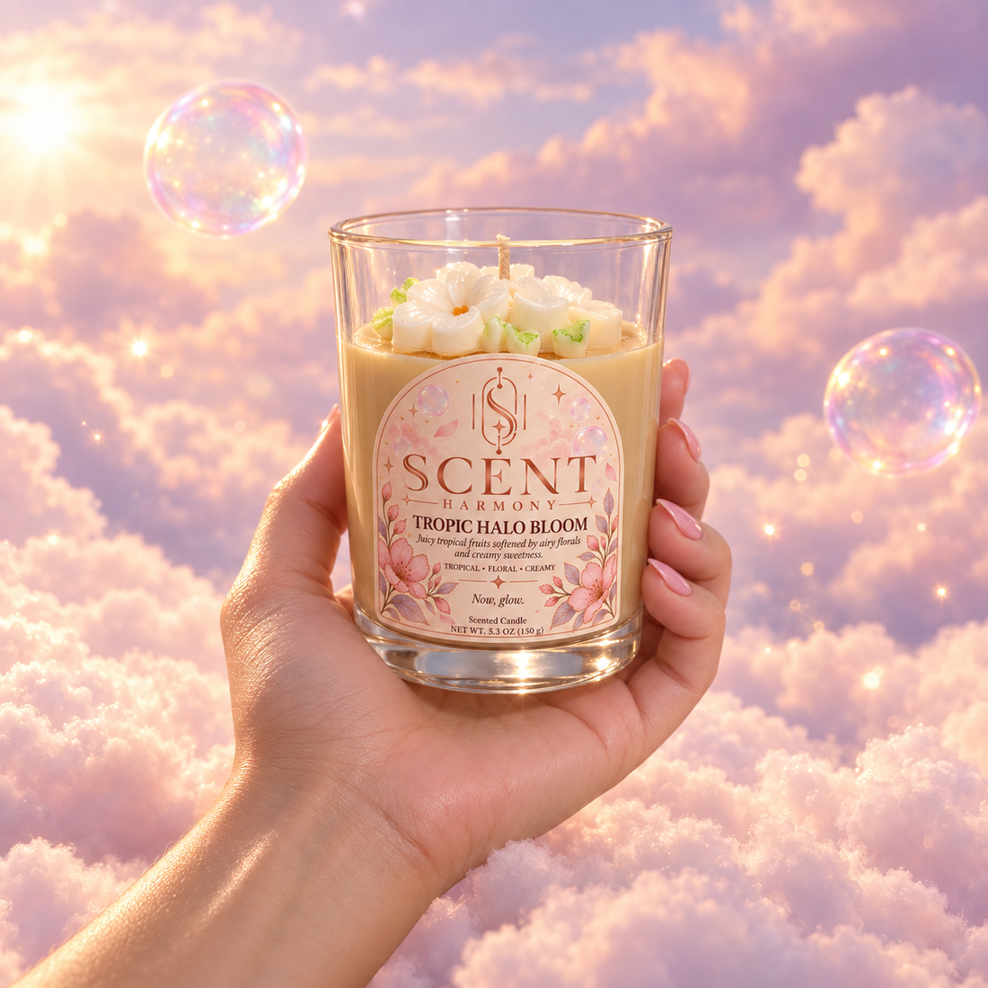 Vela Tropic Halo Bloom en la mano, para ver su tamaño