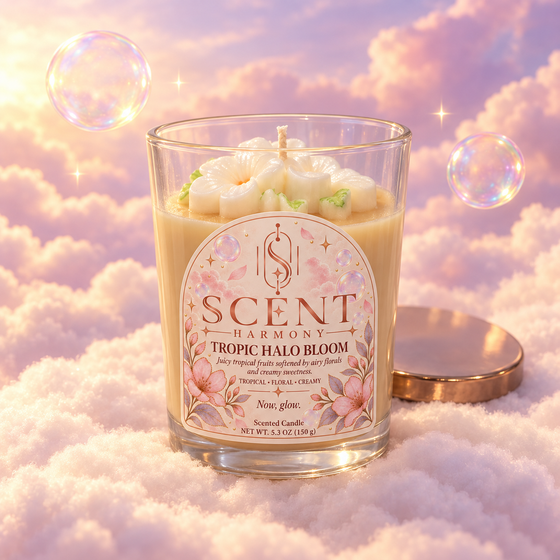 Vela Tropic Halo Bloom de Scent Harmony, de soya y hecha a mano, con su flor de cera