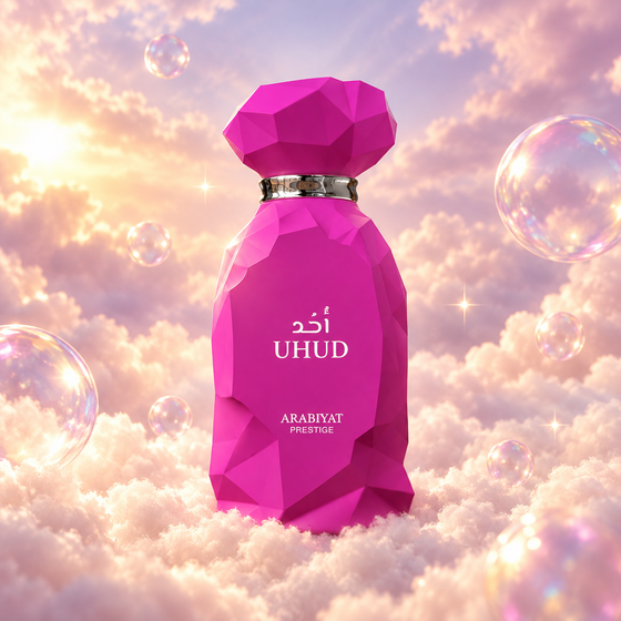 Frasco de Uhud de Arabiyat Prestige sobre un banco de nubes, en un cielo rosa y lavanda con pompas iridiscentes y luz dorada.