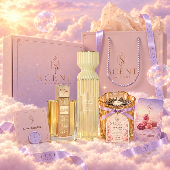 Kit de regalo Velvet Dusk para ella delante de la caja y la bolsa de regalo de Scent Harmony