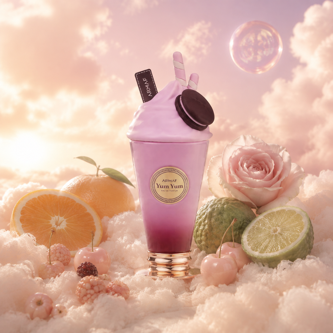 The bottle of Yum Yum by Armaf surrounded by wild berries, cherry, rose and white flowers, on clouds.