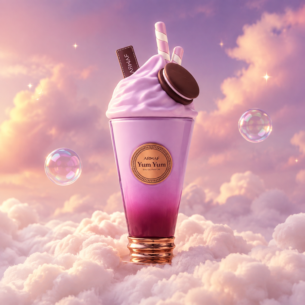 Bottle of Yum Yum by Armaf on a bank of clouds, in a pink and lavender sky with iridescent bubbles and golden light.