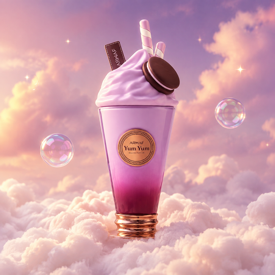 Bottle of Yum Yum by Armaf on a bank of clouds, in a pink and lavender sky with iridescent bubbles and golden light.